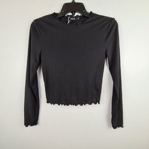 Borne Women's Long Sleeve Ruffled Lettuce Edge Neck Ribbed Top Small Black Basic